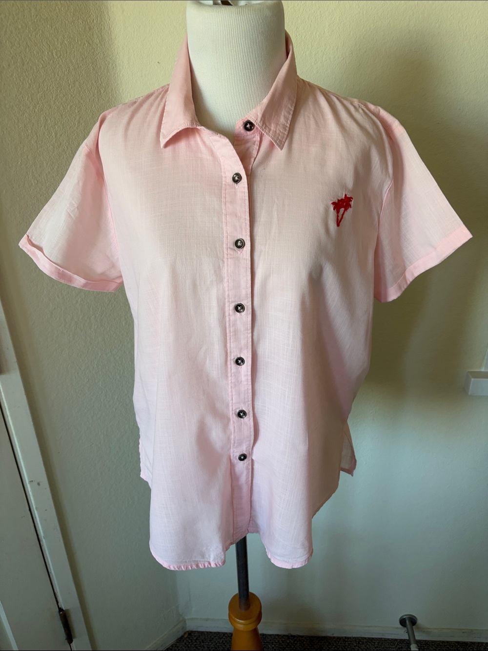 Billabong Light Pink Short-Sleeve Button-Up Blouse with Red Palm Logo